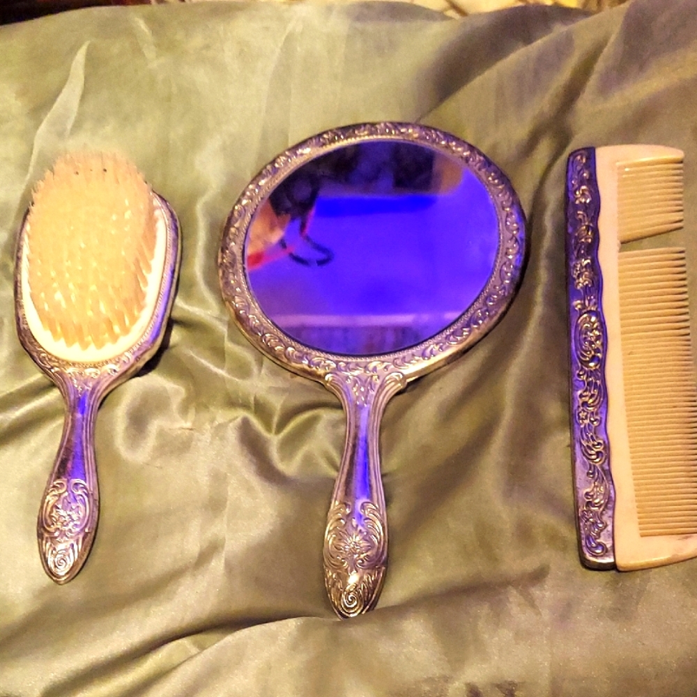 Unmarked Silver Plate / .925?! Antique Beauty Kit. Mcm Mirror Comb And Brush